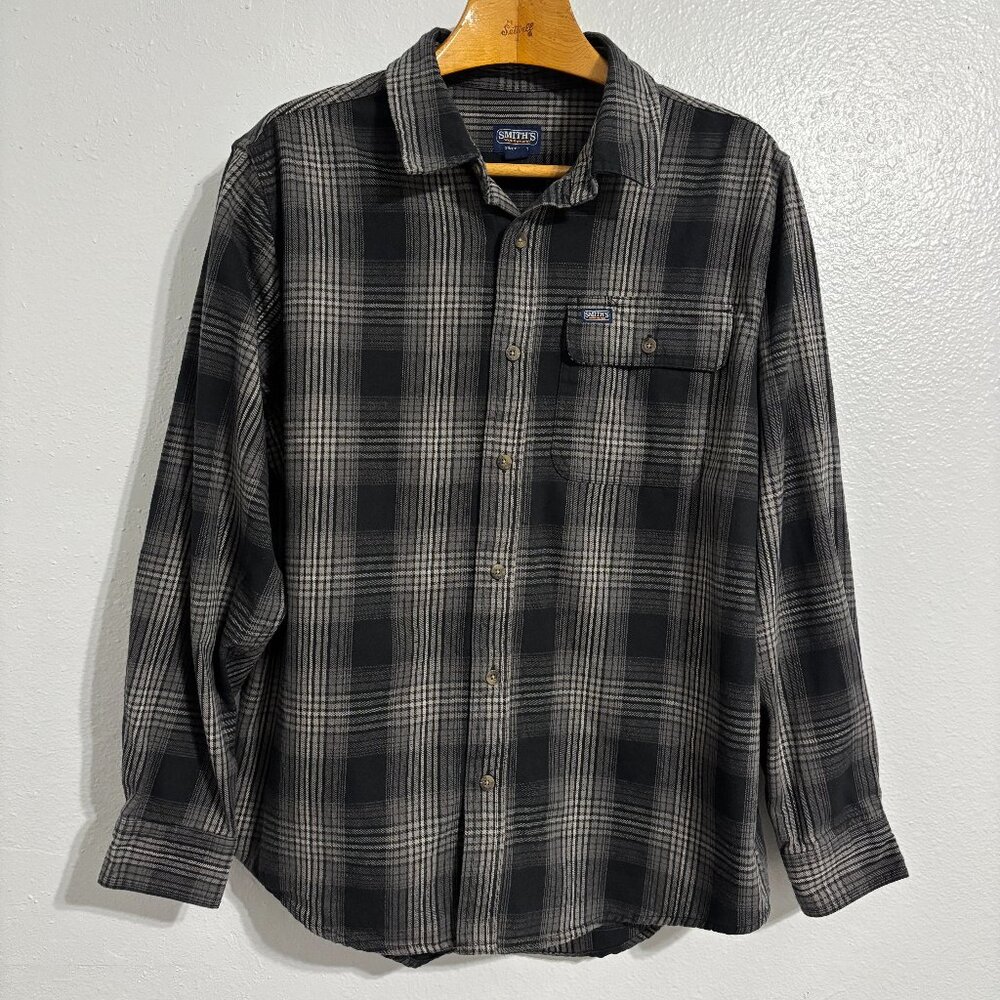 Smith’s Workwear Heavyweight Flannel Shirt Men’s‎ XL Gray Black Plaid Pen Pocket